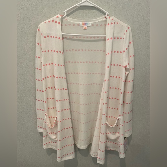 LuLaRoe Sweaters - LulaRoe NWT White Cardigan with Pink Hearts Women’s Size XS